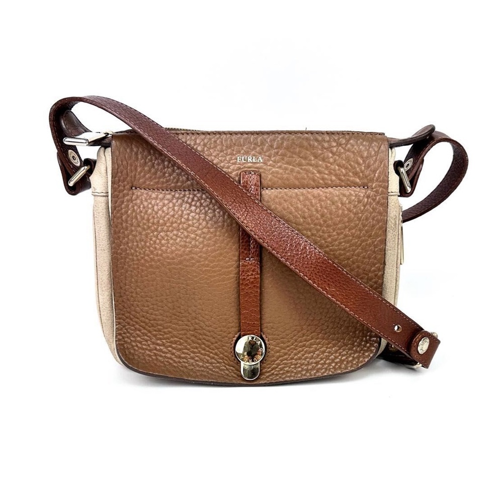 Furla Brown and Cream Leather expandable Crossbody Bag